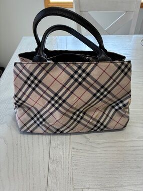 Burberry Beige Plaid Tote with Black Handles